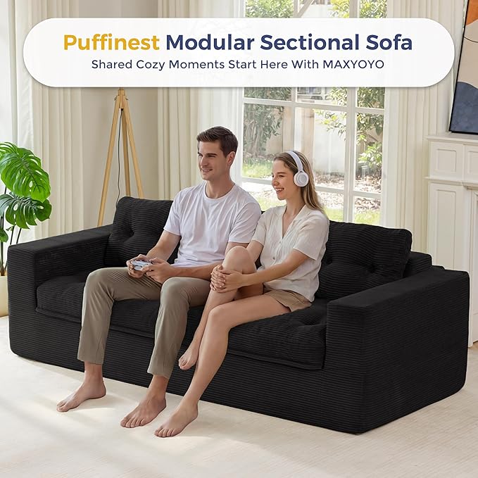 MAXYOYO 79" Loveseat Sofa Couch for Small Spaces, Upholstered Boneless Cloud Couch for Apartment Bedroom, 2-Seater Love Seat Floor Modern Sofa with Pillows, No Assembly Required, Black