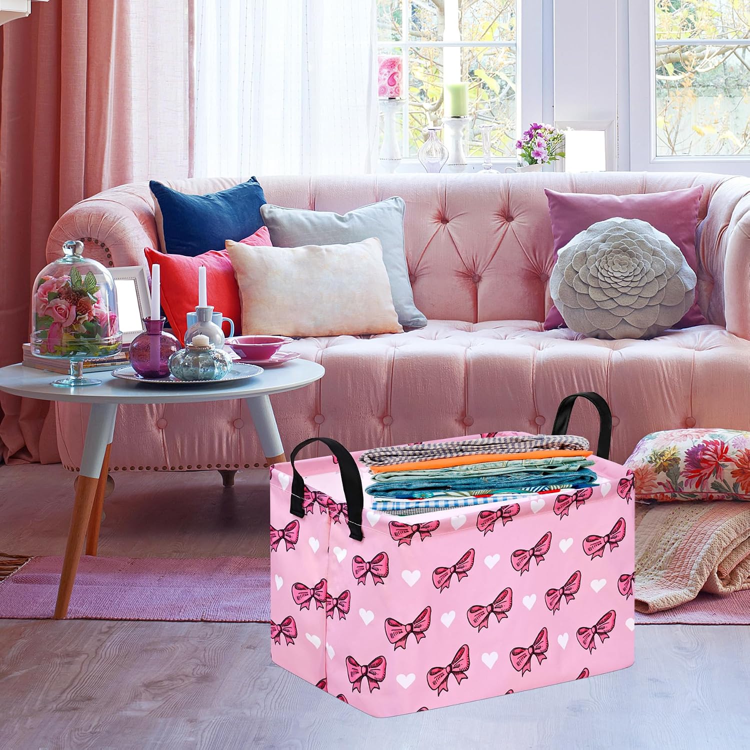 Storage Basket Home Shelf Basket Kids Organizer Box Clothes Laundry Hamper Nursery Bin Gift Laundry Basket with Handles Pink Bowknot Pattern for Home