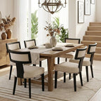 HNY Mid Century Modern Dining Chairs Set of 6, Farmhouse Linen Fabric Upholstered Accent Chairs Curved Nailhead Trim Backrest Kitchen Chairs, with Black Hardwood Frame, Beige