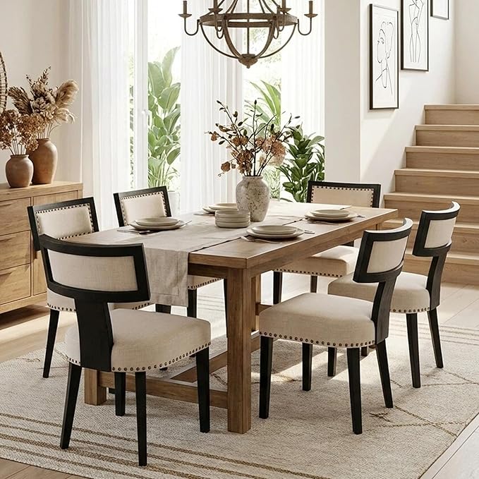 HNY Mid Century Modern Dining Chairs Set of 6, Farmhouse Linen Fabric Upholstered Accent Chairs Curved Nailhead Trim Backrest Kitchen Chairs, with Black Hardwood Frame, Beige