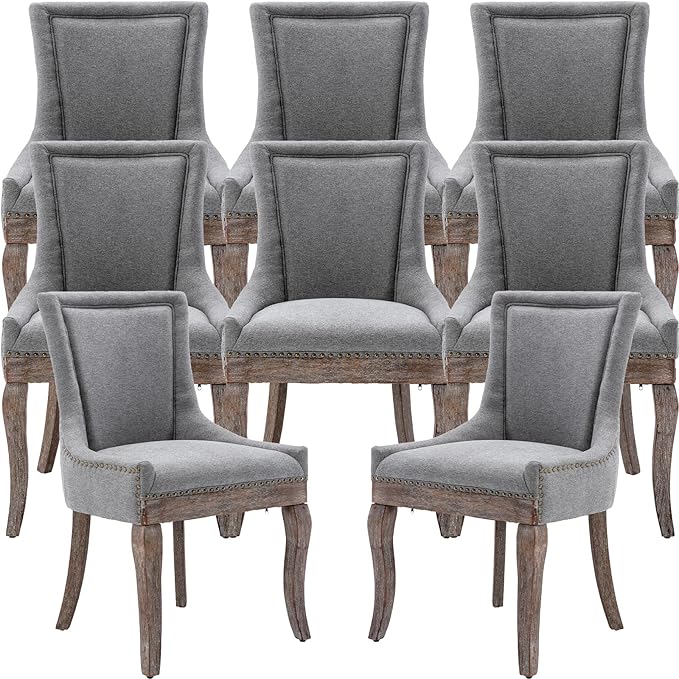 Dining Chairs Set of 8, Kitchen & Dining Room Chairs, Fabric Upholstered Dinning Chairs, Sillas De Comedor, Nailhead Trim, Wood Legs (Grey, 8 Pcs)