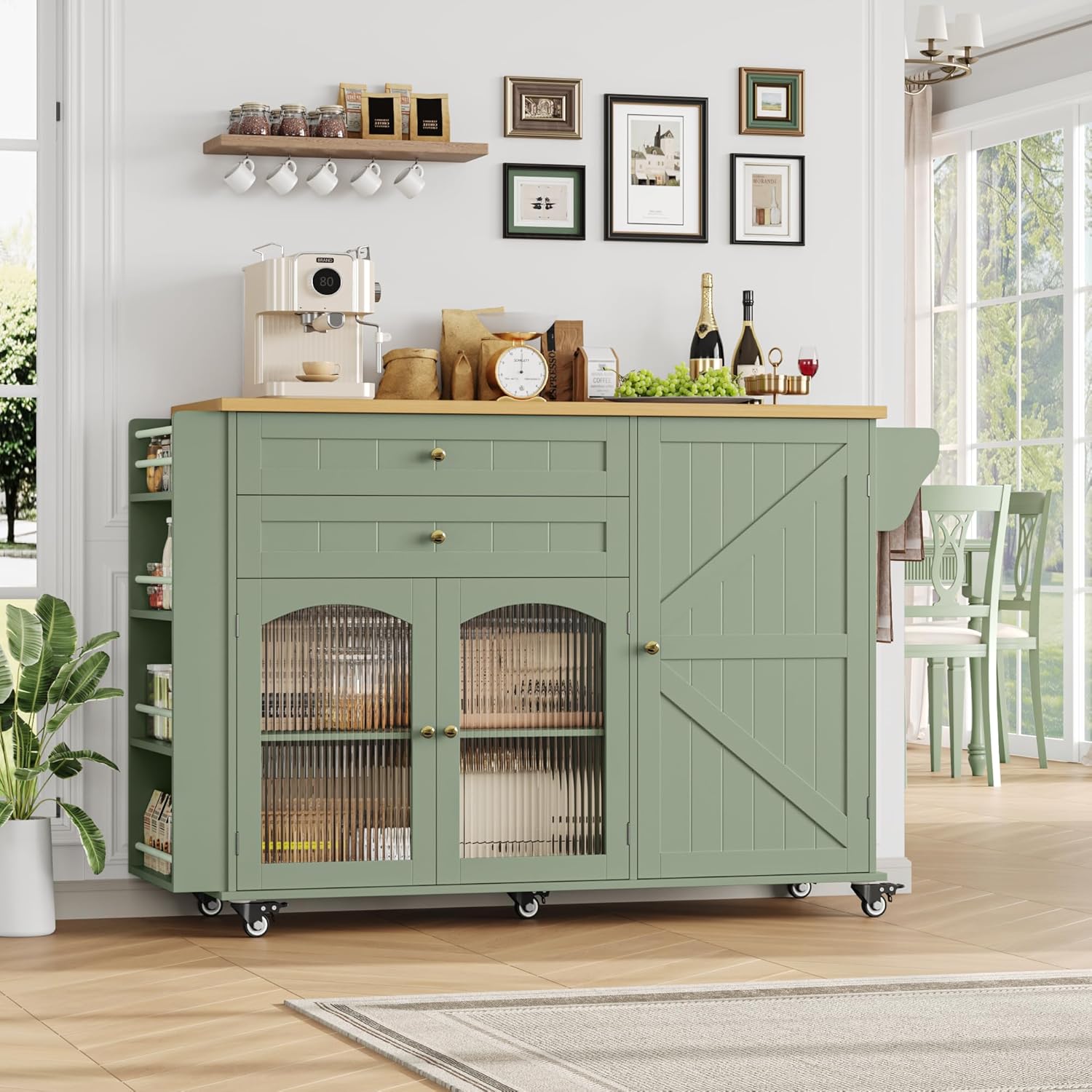 FINETONES Kitchen Island with Storage, Rolling Kitchen Island on Wheels with Wood Drop Leaf Countertop, Island Table Bar Cart with Spice Towel Rack Portable Kitchen Table Kitchen Carts on Wheels