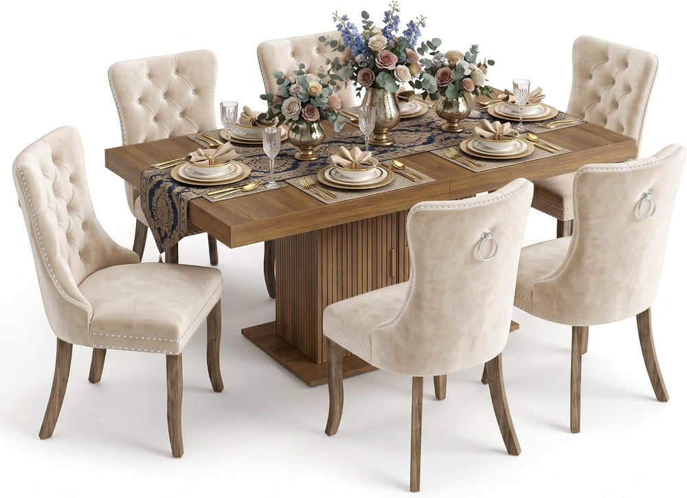 Extendable Dining Table Set for 6, 63-79 Inch Brown Kitchen Table Set with 6 ...