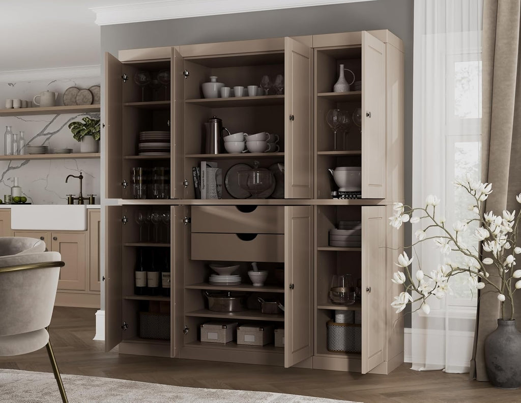 Palace Imports Solid Wood Pantry Cabinet - 71.5" Tall, 65" Wide - Wooden Storage Cabinet w/ 2-Drawer Kit & Adjustable Shelves - Beige, Renewable Eco-Friendly 100% Wood, Made in Brazil