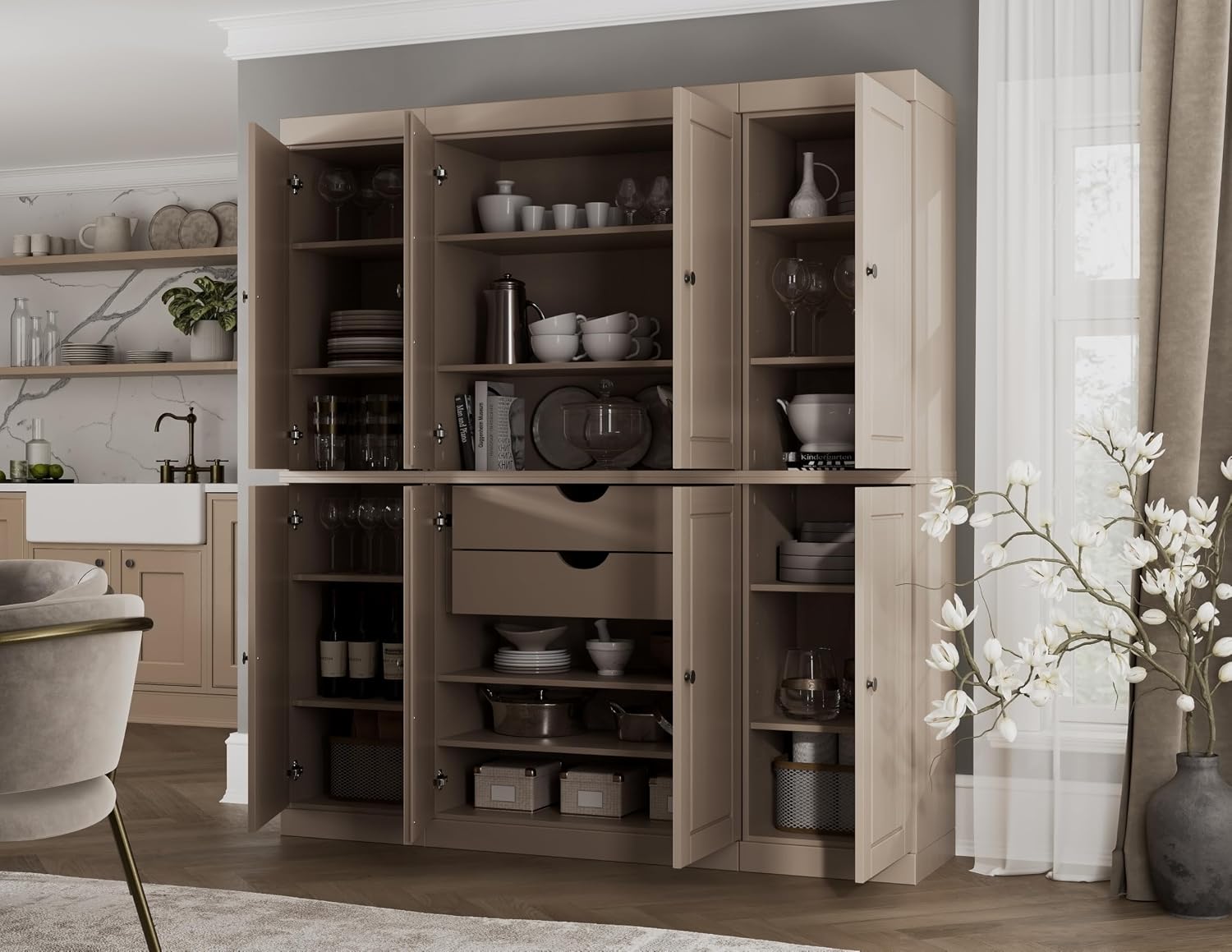 Palace Imports Solid Wood Pantry Cabinet - 71.5" Tall, 65" Wide - Wooden Storage Cabinet w/ 2-Drawer Kit & Adjustable Shelves - Beige, Renewable Eco-Friendly 100% Wood, Made in Brazil