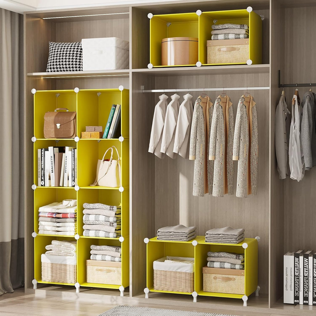 AWTATOS Cube Storage Organizer, Storage Cubes Shelves, 12 Cube Closet Organizers and Storage, DIY Stackable Bookshelf Plastic Clothes Organizer Shelving for Bedroom, Home,Yellow