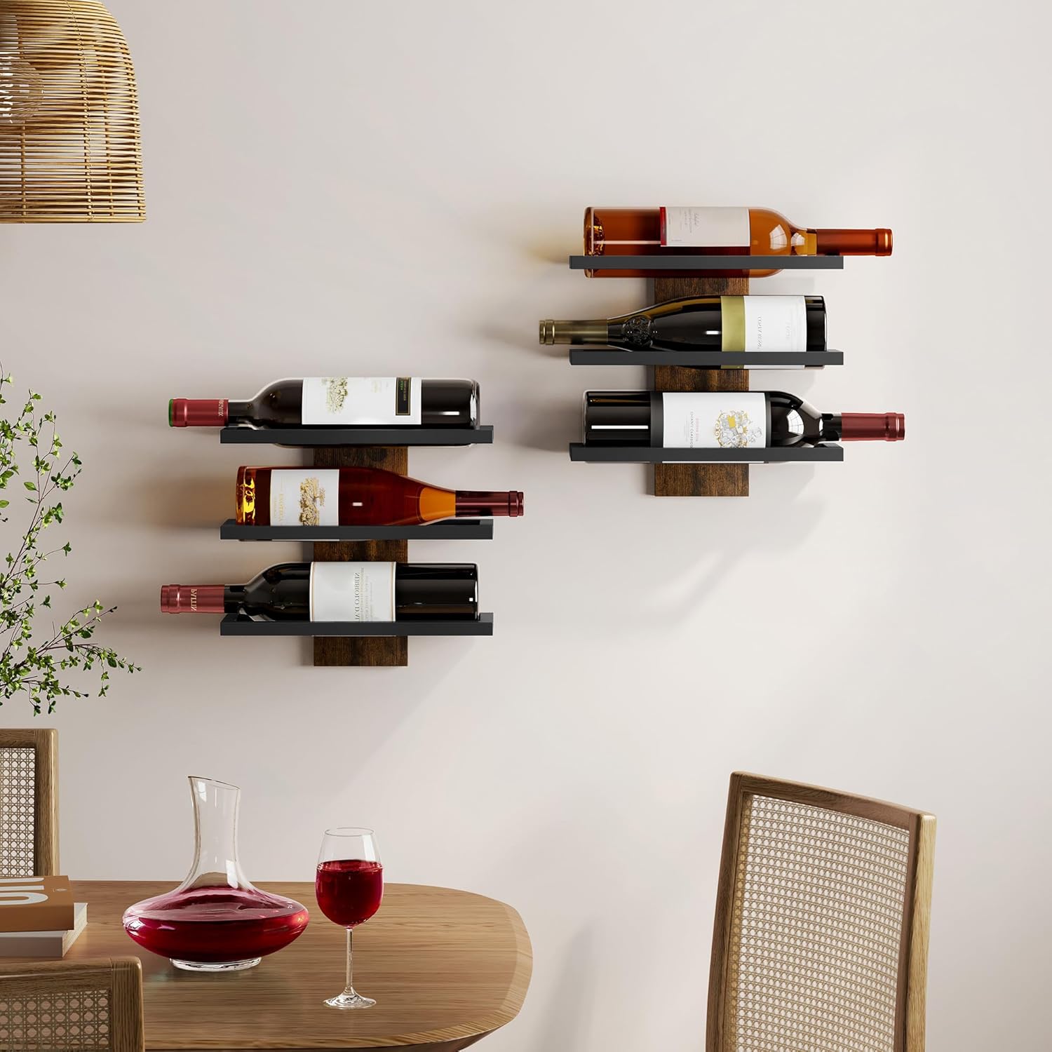 Hoctieon 3 Tier Wall Mount Wine Rack Set (9 Bottles), Wall Mounted Wine Bottle Rack for Display and Storage, Hanging Bottle Holder, for Living Room, Dining Room,Bar,Wine Cellar,Rustic Brown