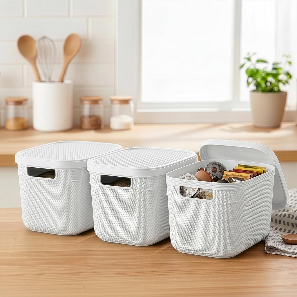 BINO | Plastic Storage Bins with Lids, 5.5 Liter - 3 Pack, White | THE TWILL COLLECTION | Plastic Bins for Organization | Woven Storage Baskets for Organizing | Pantry Shelf Organizer Basket Bin