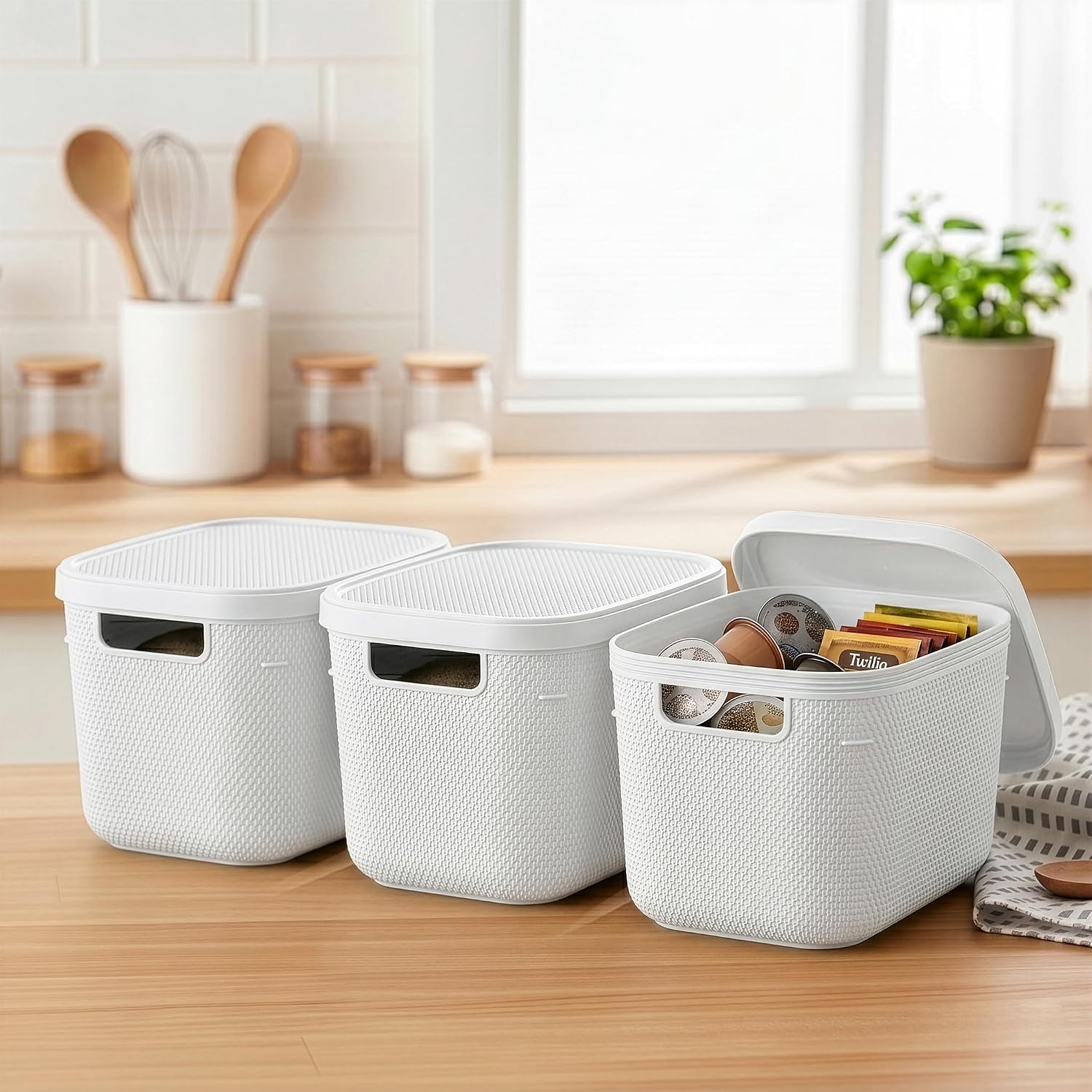 BINO | Plastic Storage Bins with Lids, 5.5 Liter - 3 Pack, White | THE TWILL COLLECTION | Plastic Bins for Organization | Woven Storage Baskets for Organizing | Pantry Shelf Organizer Basket Bin
