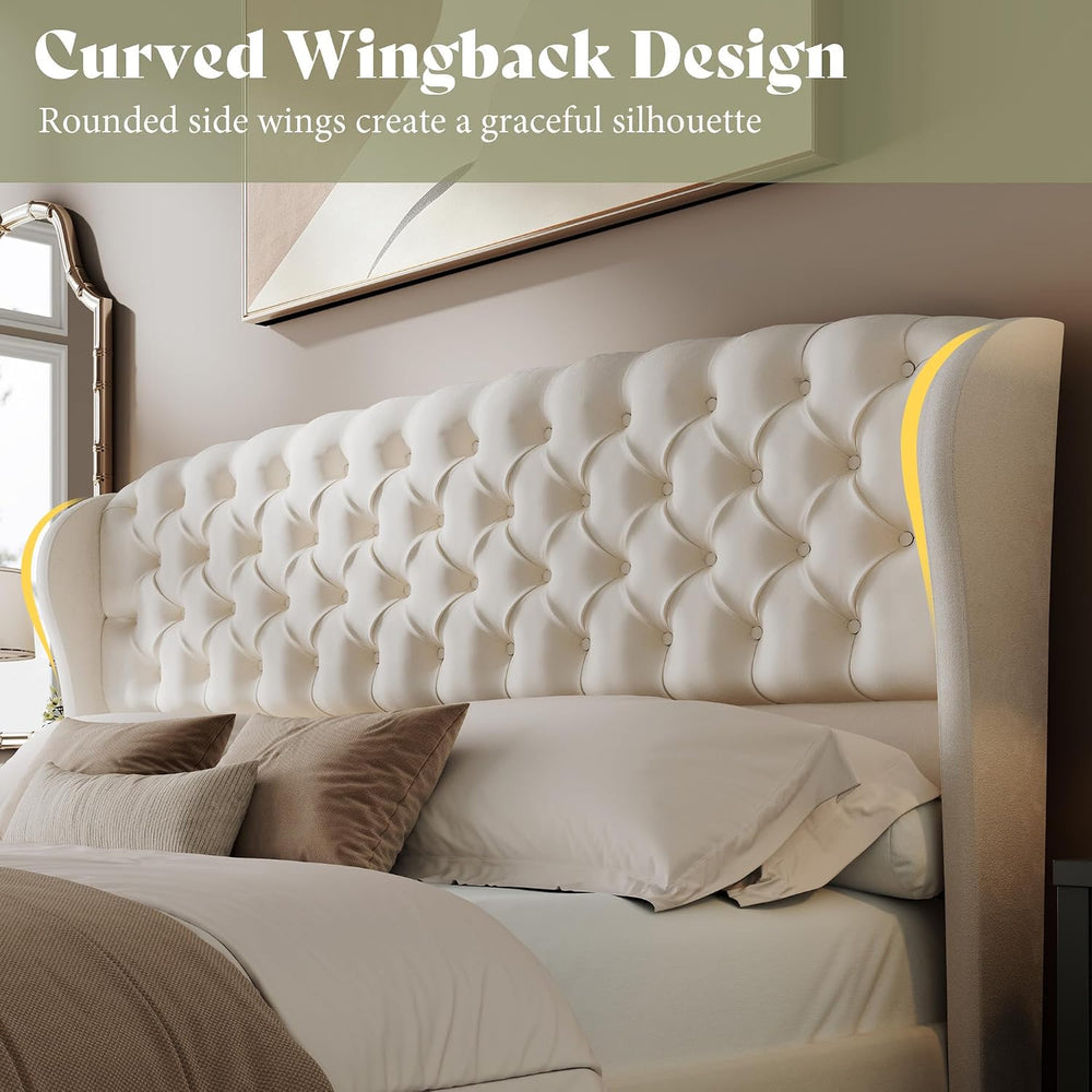 AMERLIFE Full/Queen Headboard Only, Velvet Upholstered Wingback, Cream