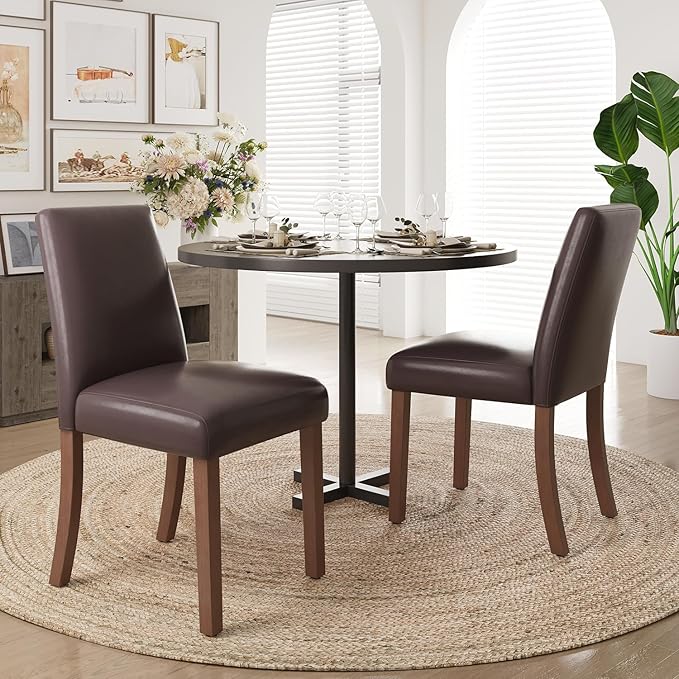 Dining Chairs Set of 2, Modern Dining Room Chairs with Wooden Legs, Faux Leather Upholstered Kitchen Farmhouse Parsons Chairs for Restaurant & Cafe- Dark Brown