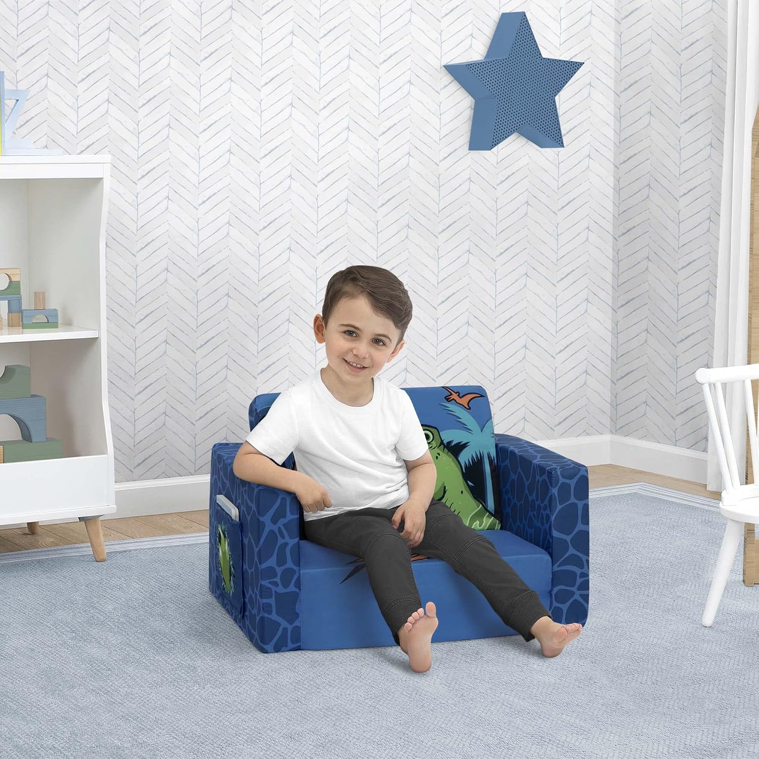 Delta Children Cozee Kids Couch 2-Seater Kids Sofa, Convertible 2-in-1 Flip Open Toddler Couch Sleeper, Foam Chair for Playroom & Bedroom, Bed Lounger, Comfy Play Sleeping Lounge Chair, Dinosaur
