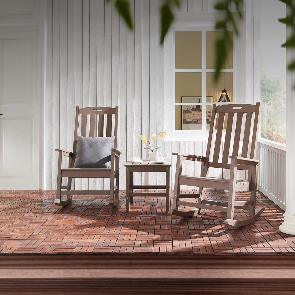 Outdoor Rocking Chairs Set of 2, Oversized Porch Rocker (Brown) | Weather Resistant Rocking Chairs with High Back, Heavy-Duty Large Patio Rocker with 350lbs Weight Capacity for Adult