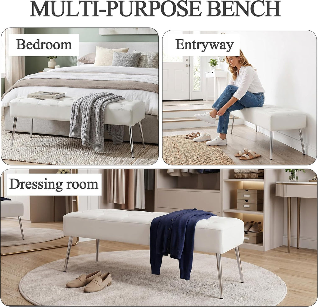 DUHOME Button-Tufted Ottoman Bench, Upholstered Footrest Stool Rectangular Dining Bench Leather Accent Bench for Entryway Dining Room Living Room Bedroom, White