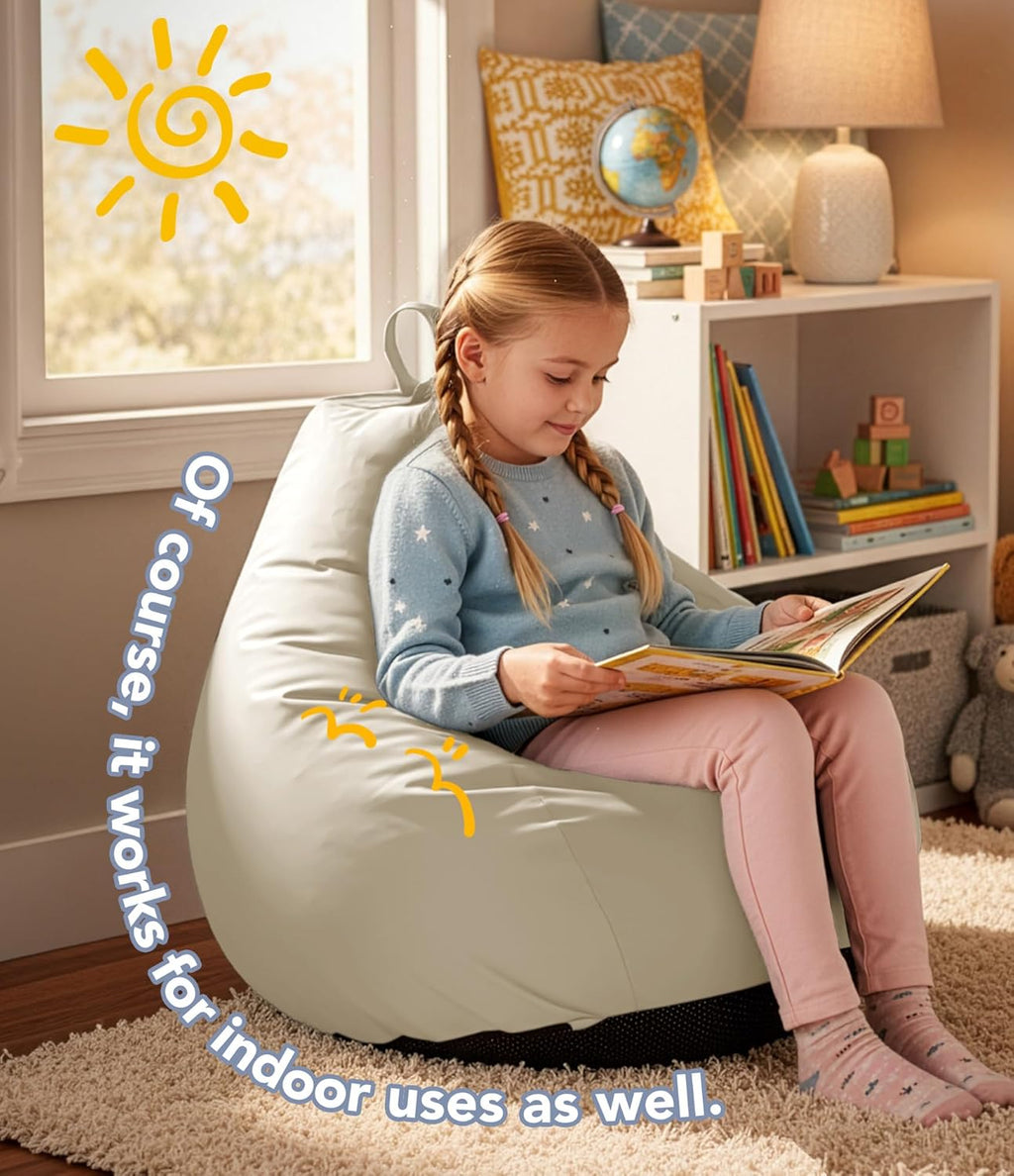 Outdoor Kids Bean Bag Chair with Shredded Foam Filling, Beige | For Patio Classroom Relaxing, Splash-Proof Detachable Zipper Cover with a Handle, Small Child Beanbag Reading Sofa Chair