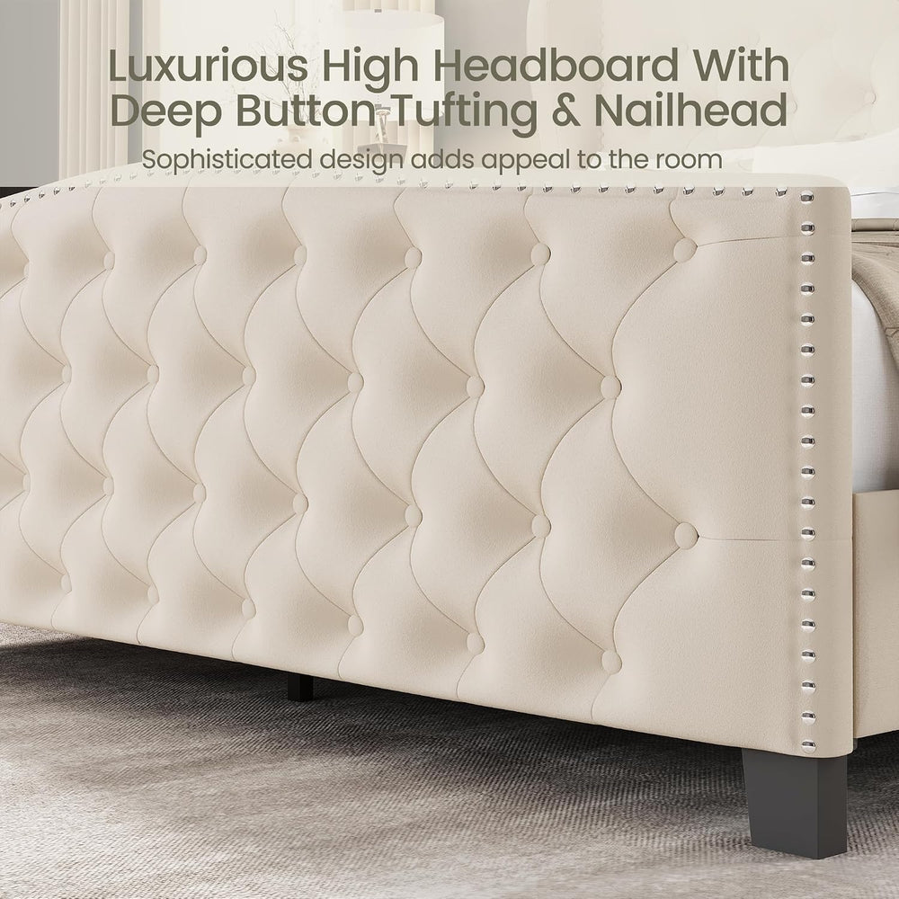 LARMACE Queen Size Bed Frame Velvet Upholstered Platform Bed with Wingback He...