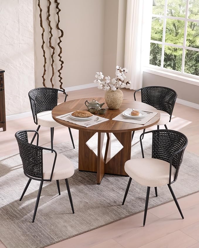 BedsPick Rattan Dining Chair Set of 6 - Farmhouse Upholstered Cane Back Kitchen Chair with Boucle Cushion, Wingback Dining Room Seat with Metal Legs for Home, Kitchen (Black)