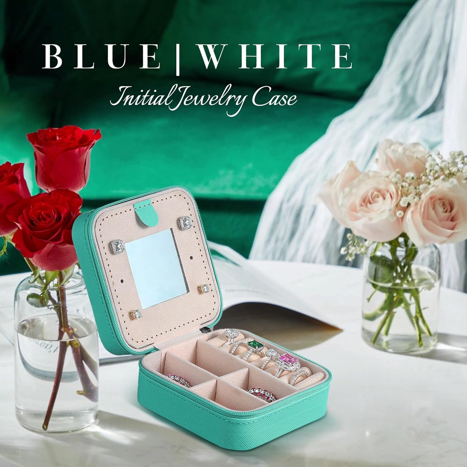 Parima Initial Jewelry Box for Women Girls, Blue Jewelry Travel Case | Chenille Letter Patches Jewelry Box | Multifunctional Personalized Travel Jewelry Case | Birthday Gifts - Letter D, Blue