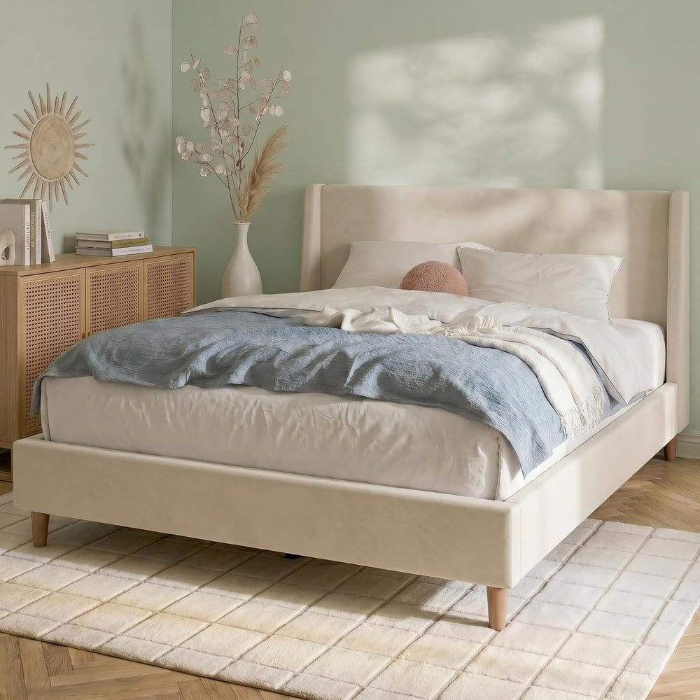 Merax King Size Velvet Bed Frame with Wingback Headboard, Upholstered Platfor...