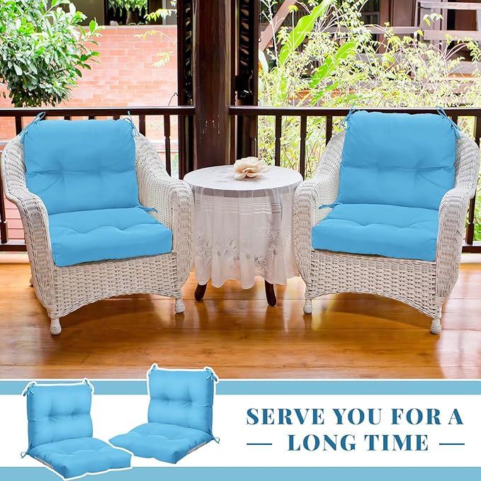 Geetery Outdoor Chair Cushions Set of 4 for Patio Lawn Furniture Wicker Rocking Dining Chairs 42x21x4 Inch High Back Seat Pads Replacement with Ties Weather-Resistant Fade-Resistant Indoor(Lake Blue)
