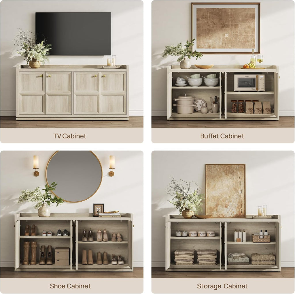 SICOTAS 61.7" 4-Door Buffet Sideboard Cabinet Living Room, Grey White Oak | Geometric Doors & Elegant Gold Handle, Slow-Close Door, 2 Separate Bays, 3-Level Adjustable Shelf, Kid & Pet Safe, 77 lbs Top