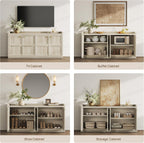 SICOTAS 61.7" 4-Door Buffet Sideboard Cabinet Living Room, Grey White Oak | Geometric Doors & Elegant Gold Handle, Slow-Close Door, 2 Separate Bays, 3-Level Adjustable Shelf, Kid & Pet Safe, 77 lbs Top