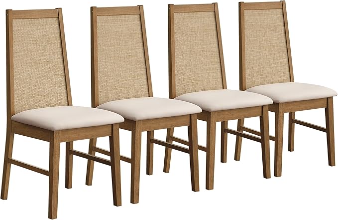 SICOTAS Wood Dining Chairs Set of 4 - Rattan Dining Room Chairs with Solid Wood Leg, Farmhouse Upholstered Kitchen Chairs High Back, Modern Armless Dining Chair for Dining Room, Kitchen, Oak, 4PCS