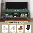 3More 40" Entryway Shoe Storage Bench,Upholstered Hidden Space Beneath Seat Cushion Bench,2-Tier Unique Geometric Shape with Wood Grain,Green