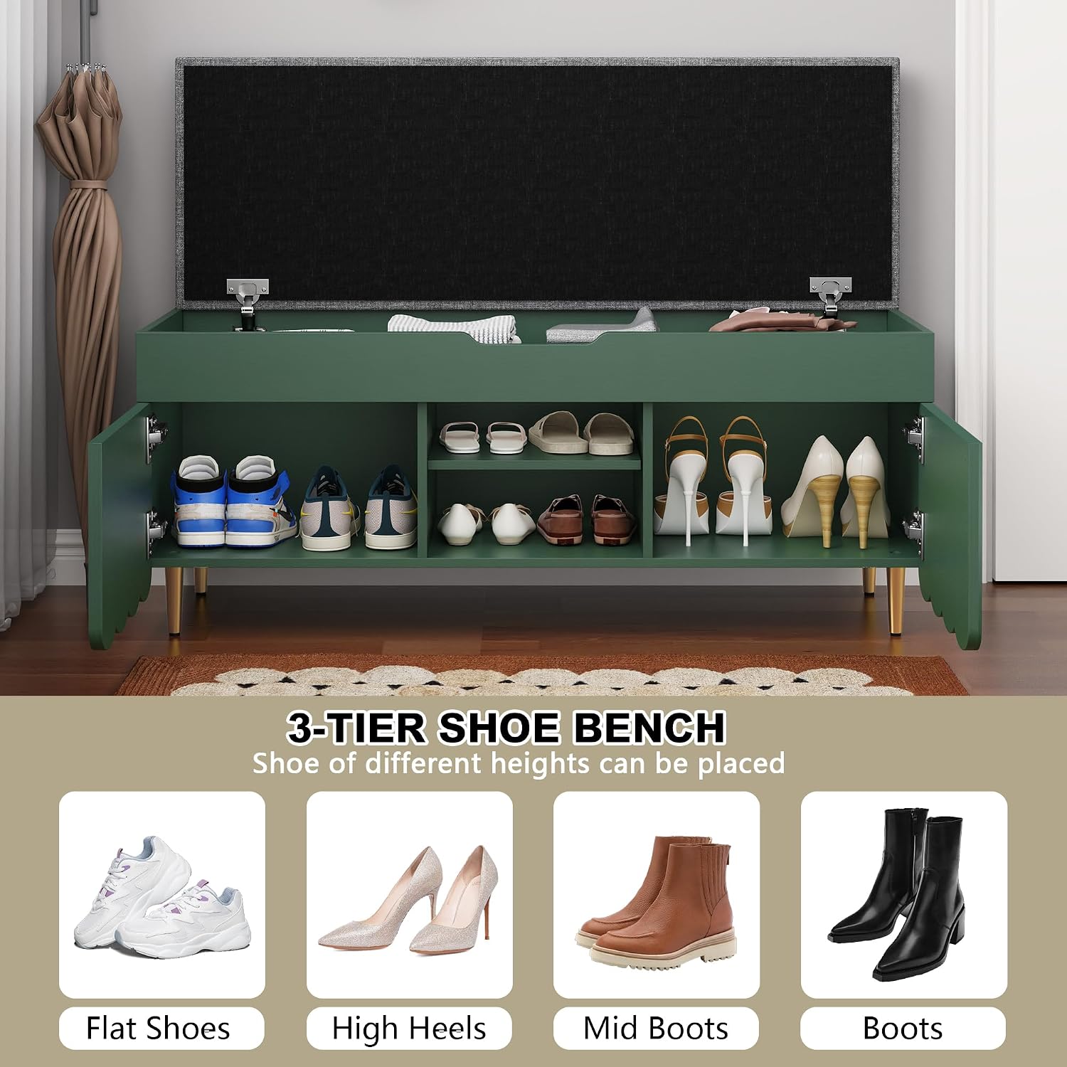 3More 40" Entryway Shoe Storage Bench,Upholstered Hidden Space Beneath Seat Cushion Bench,2-Tier Unique Geometric Shape with Wood Grain,Green