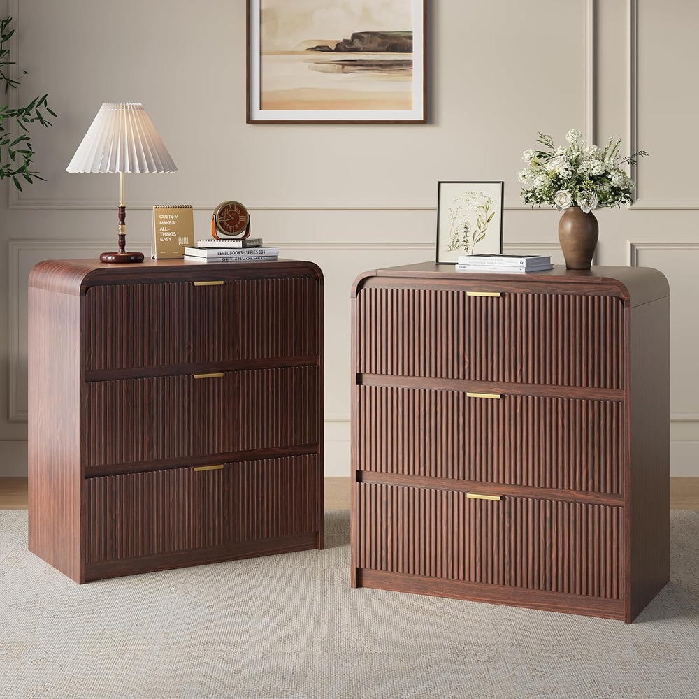FURSUN 32" Tall Fluted Nightstand Set of 2, 3 Drawers Wooden End Table w...