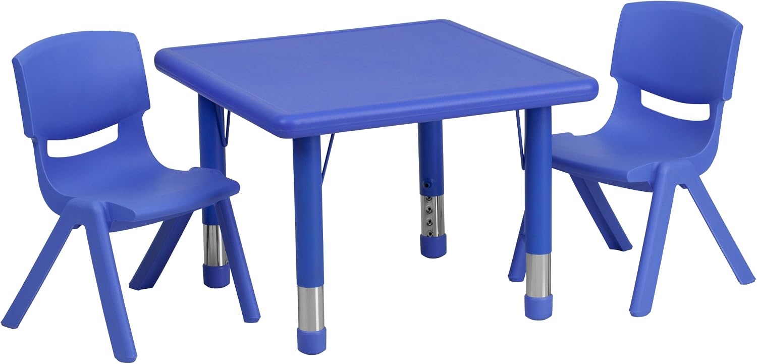 Flash Furniture Emmy 24'' Square Blue Plastic Height Adjustable Activity Table Set with 2 Chairs