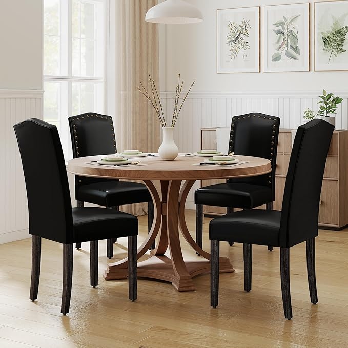LSSPAID Dining Chairs Set of 4, Modern PU Leather Upholstered Parsons Dining Room Chairs with Bronze Nail Head Trim and Brushed Solid Wood Legs, Black