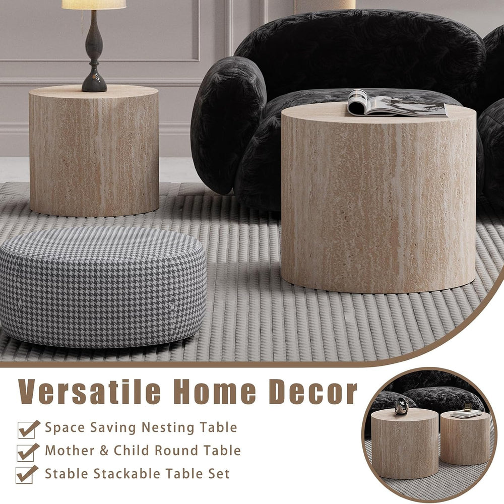 Nesting Coffee Table Set of 2 (C Travertine) | Modern Round Drum Coffee Table...