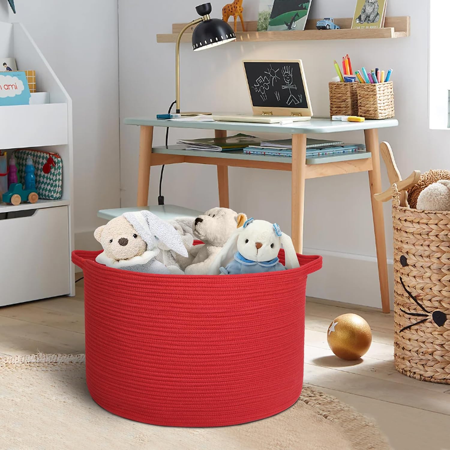 MEGASKET Extra Large Red Basket for Organizing, 22" X 22" X 14" Woven Cotton Rope Bins for Blankets, Baby Nursery Wicker Laundry Basket, Kids Dog Toy Storage Box, Big Red Living Room Decor Organizer