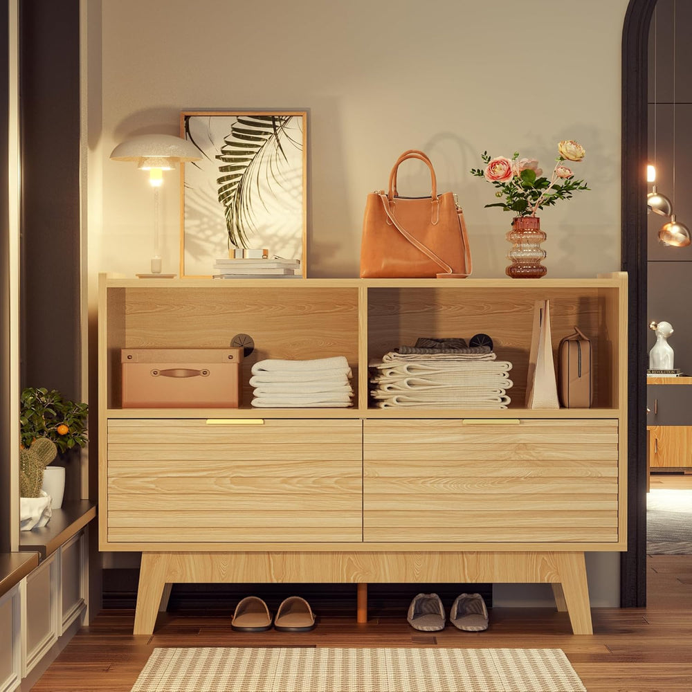 Fluted Buffet Sideboard Oak, Modern Storage Cabinet w/Cord Cutout, Accent Cab...