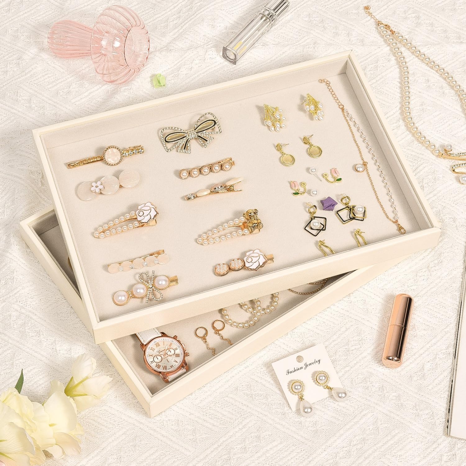 Beige Velvet Jewelry Tray for Drawers Jewelrys Display Tray Stackable Jewelry Organizer Trays for Necklace Bracelet Ring Watch (1 Pack)