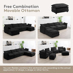 ROWHY 148'' Sectional Cloud Couch with 2 Ottomans, Oversized 4 Seat Sleeper Sofa with 2 Throw Pillows, Convertible Upholstered U Shaped Cozy Sofa Furniture Set for Living Room and Office, Black