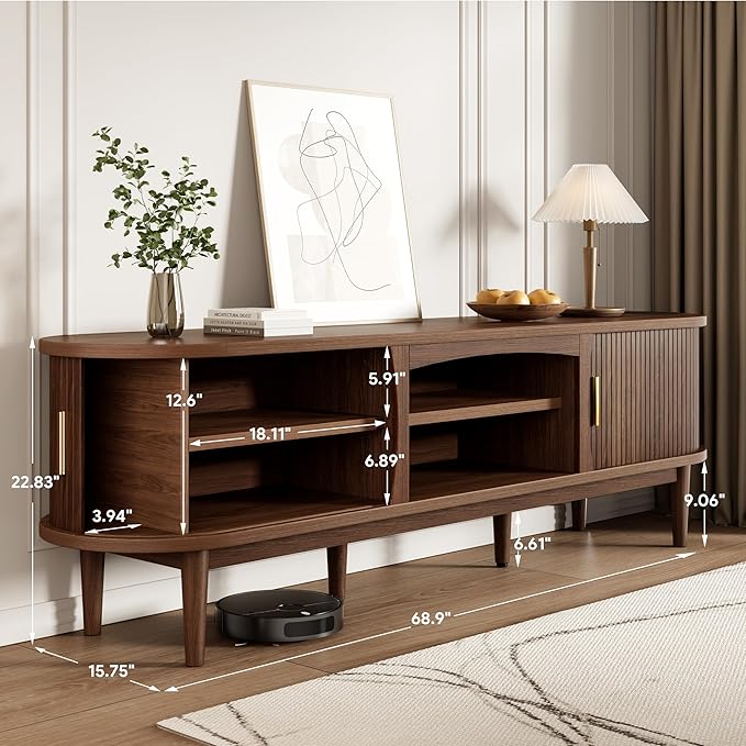 Mid Century TV Stand for TVs up to 80 Inches, Entertainment Center with Storage, Power Outlet, Fluted Sliding Doors & Adjustable Shelves, Modern Media TV Console Table for Living Room (Walnut)