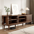 Mid Century TV Stand for TVs up to 80 Inches, Entertainment Center with Storage, Power Outlet, Fluted Sliding Doors & Adjustable Shelves, Modern Media TV Console Table for Living Room (Walnut)