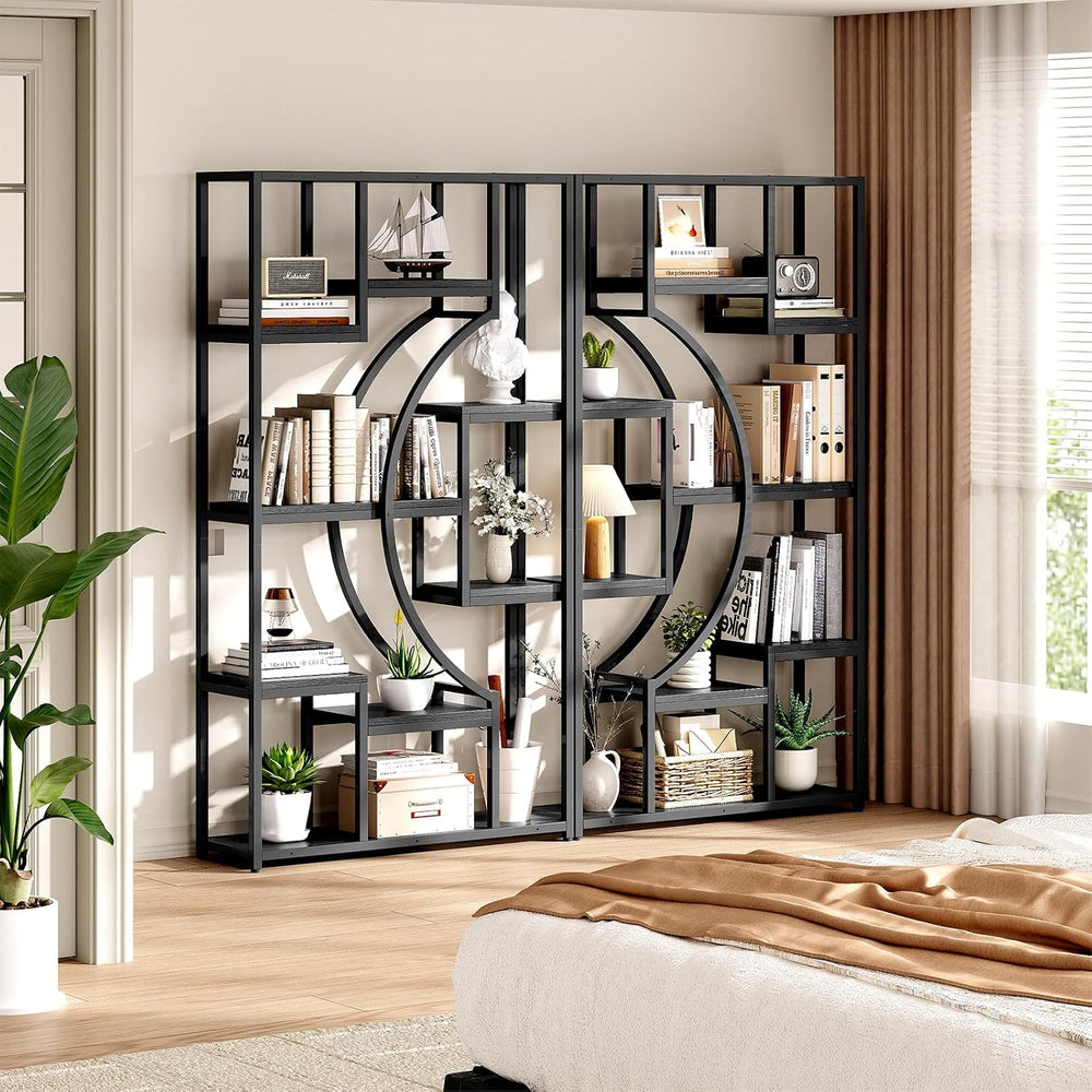 LGHM Bookshelf Set of 2 with Metal Frame, 5 Tier Geometric Bookcase, Adjustab...