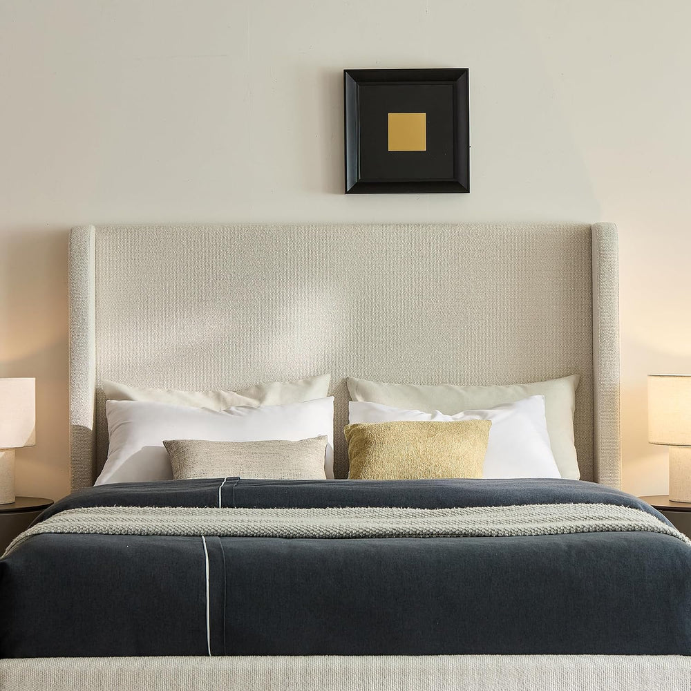 Upholstered Bed Frame with 54" Tall Wingback Headboard, Elegant Boucle F...
