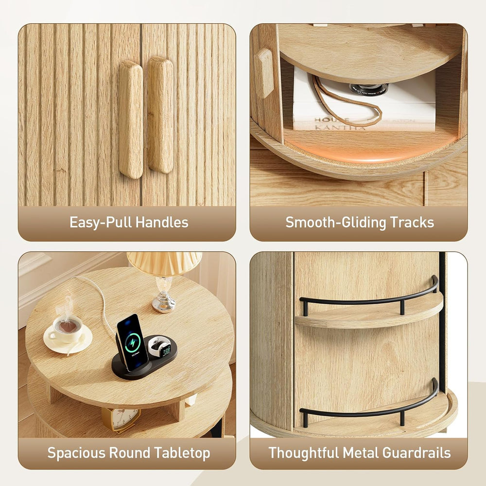RALGEND Round Fluted End Tables, Round End Table with Charging Station, Flute...