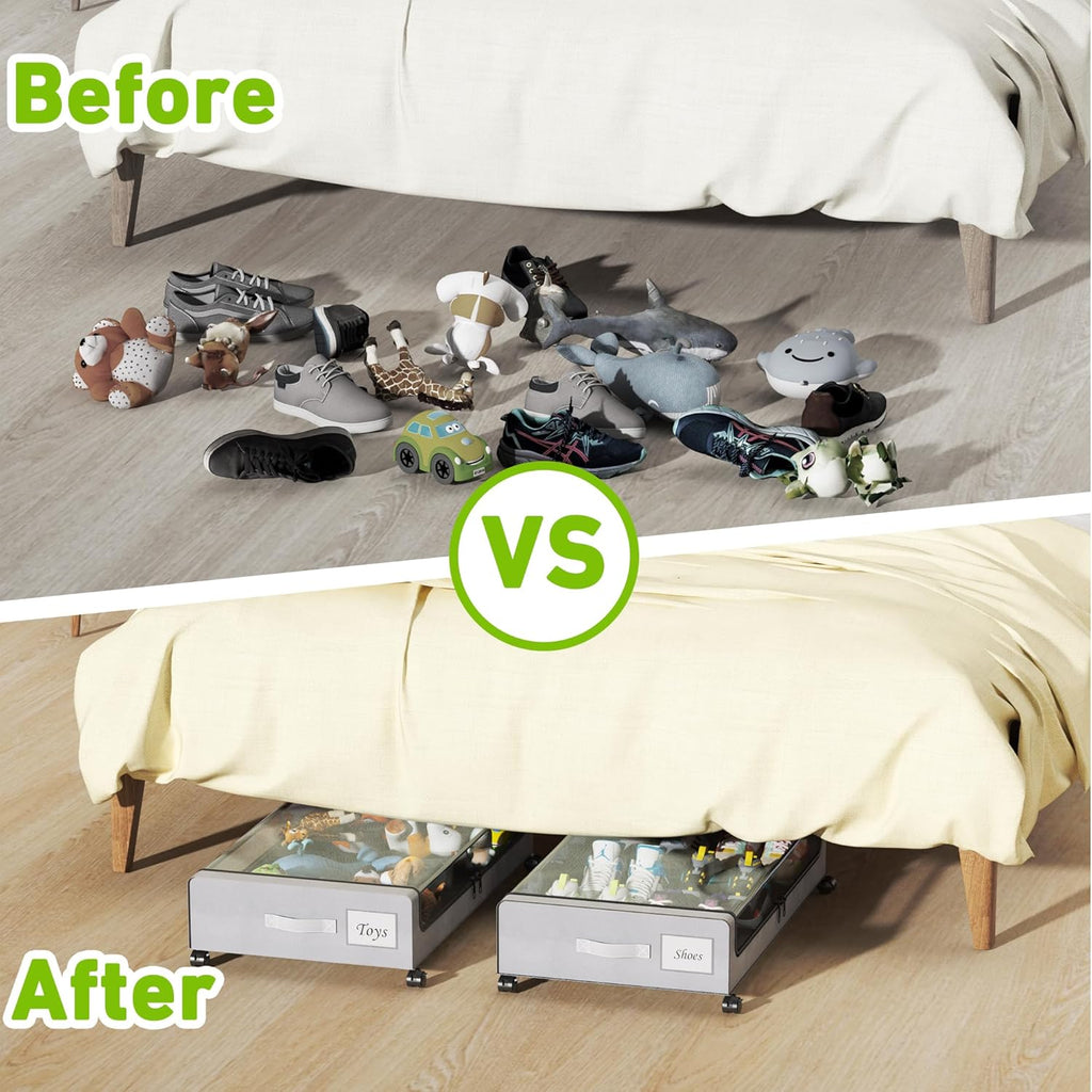 Under Bed Storage with Wheels, XXL 60L Under the Bed Storage Bins, Underbed Storage Containers with Lids & Label, Rolling Metal Drawer for Shoes, Clothes, Books, Toys (2-Pack Gray)