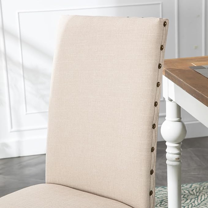 Upholstered Dining Chair Modern Stylish Parsons Kitchen Diner High Back with Bronze Nailhead Trim & Wood Legs, Set of 4, Beige
