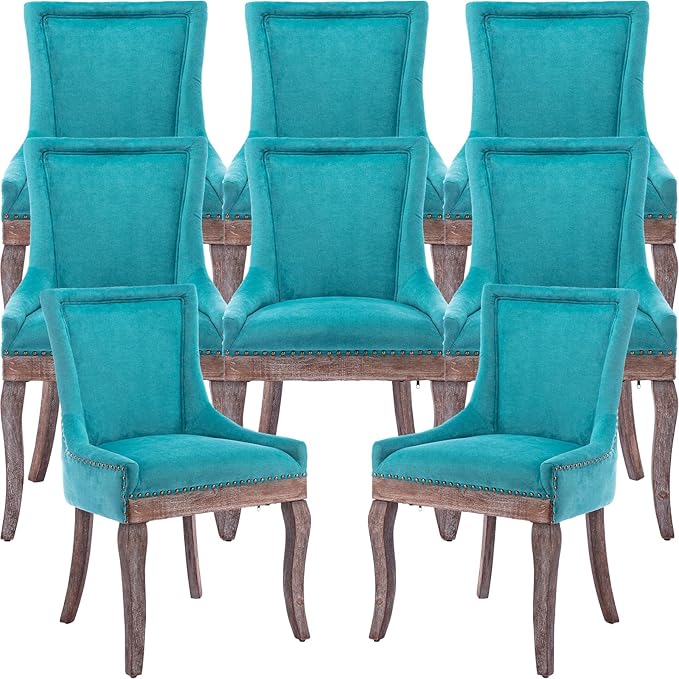 Dining Chairs Set of 8, Kitchen & Dining Room Chairs, Fabric Upholstered Dinning Chairs, Sillas De Comedor, Nailhead Trim, Wood Legs (Blue, 8 Pcs)