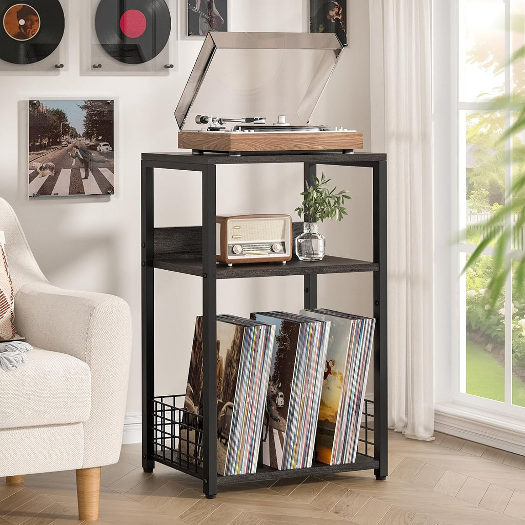 LELELINKY Large Rustic Grey Record Player Stand, 3 Tier 18" Wide Big End Table with Vinyl Storage Up to 130 Albums, Industrial Turntable Printer Tables, Modern Side Tables for Living Room, Office