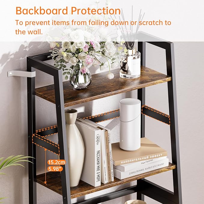 HITNET Ladder Shelf, 4 Tier Bookshelf with Bamboo Frame, Freestanding Bathroom Storage Shelving Unit for Living Room, Home Office, Bedroom, Rustic Brown and Black