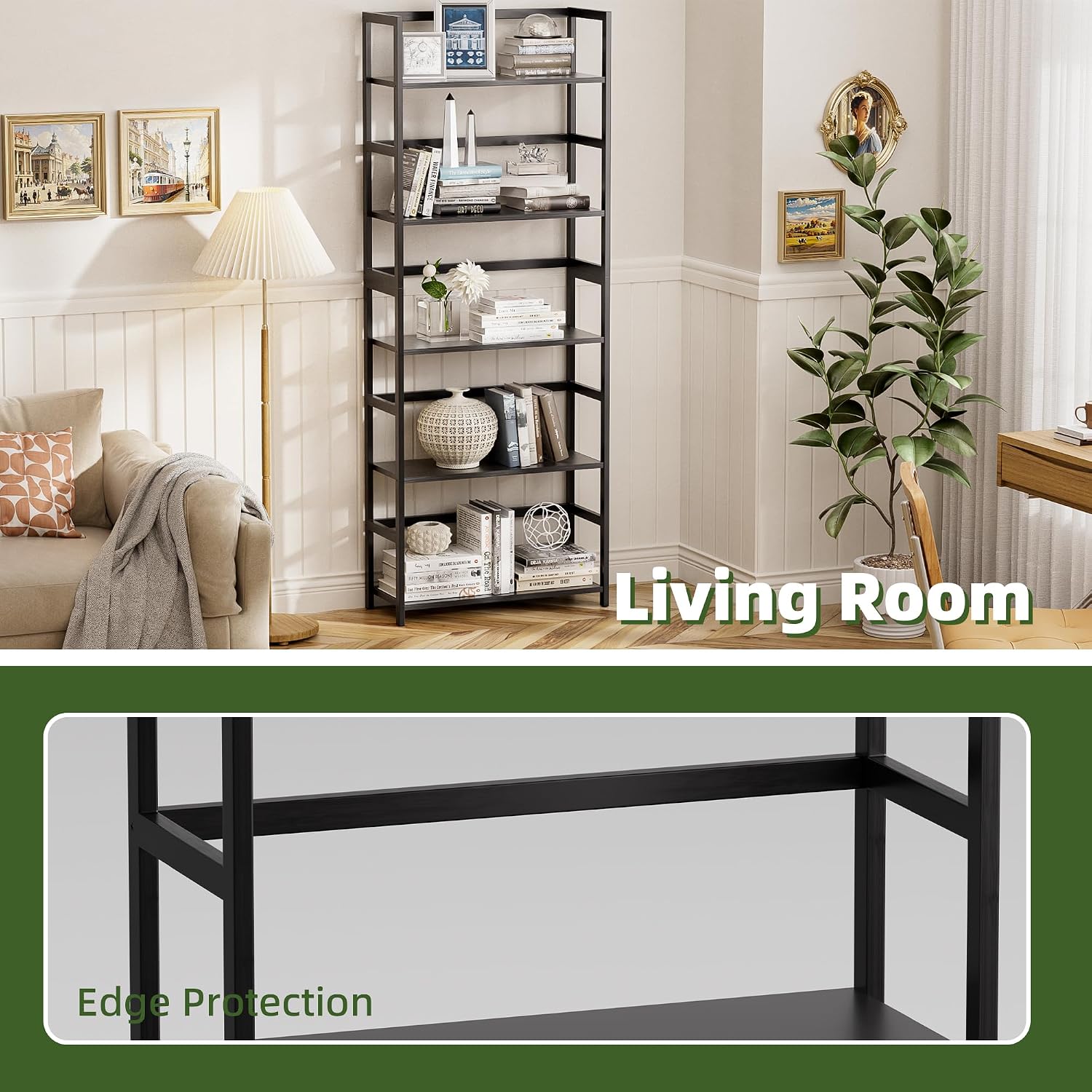 5-Tier Bamboo Wood Ladder Bookshelf, Tall Display Storage Shelf, Large Bookcase Modern Industrial Stand Organizer for Home, Office, Living Room, Kitchen, Bedroom, Black