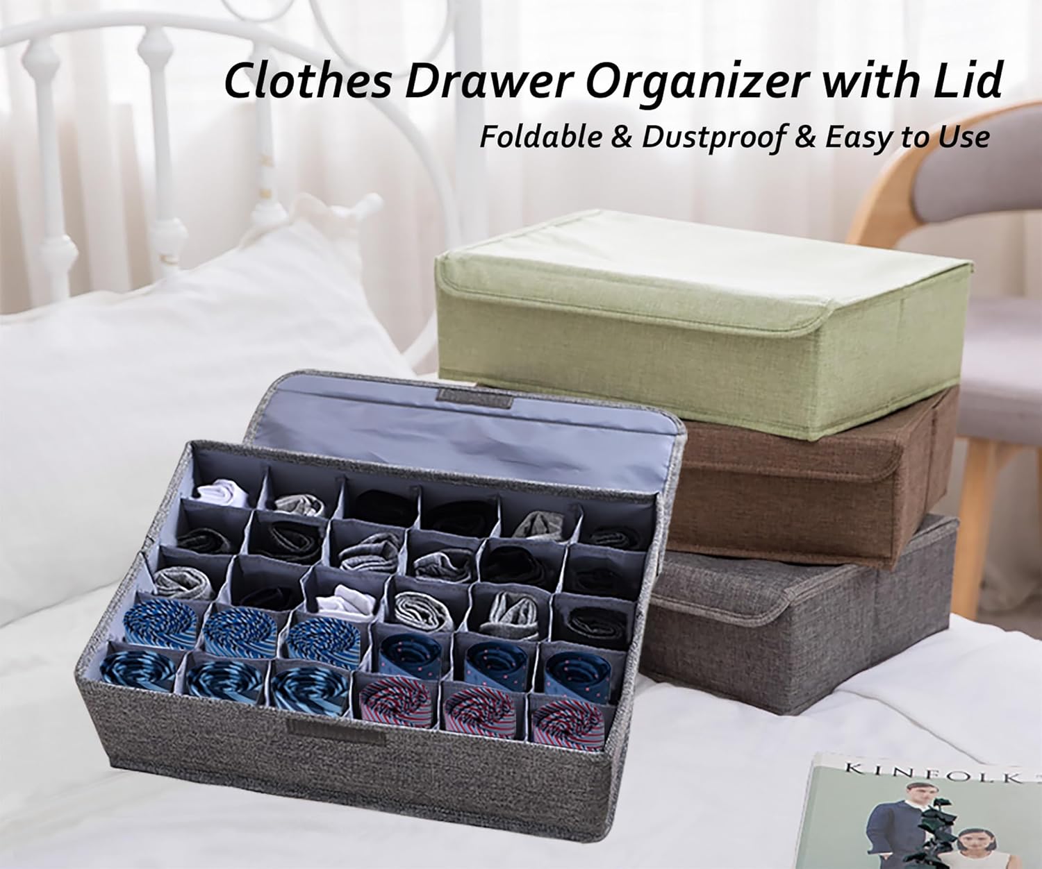AARAINBOW 2 Packs Underwear Socks Ties Storage Organizer with Lids Foldable Closet Drawer Organizer 60 Cells, Fabric Wardrobe Divider Storage Boxes for Scarves and Lingerie (30 Cell, 2 Gray)