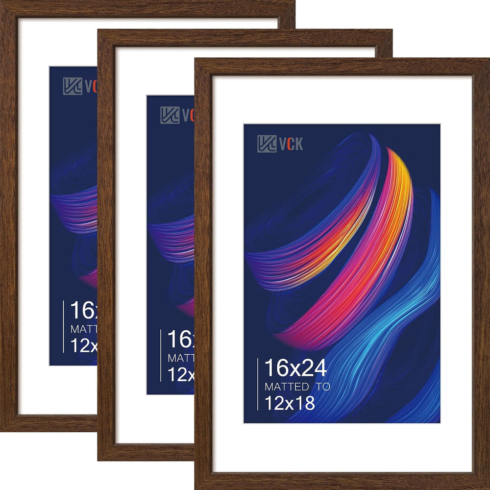 VCK 16x24 Frame 3 Pack, Brown Wood, 12x18 Mat, for Picture Print